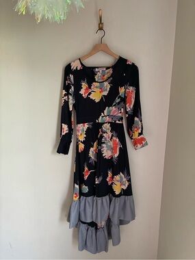 ASOS Asymmetrical Ruffle Navy Blue Floral Dress Size 4 Petite‎